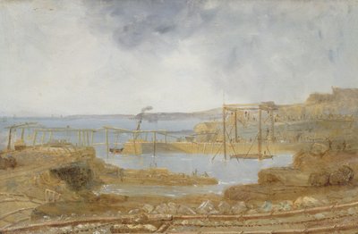 Schizzo del porto interno, una gru temporanea, maggio 1829 da Robert Mackreth